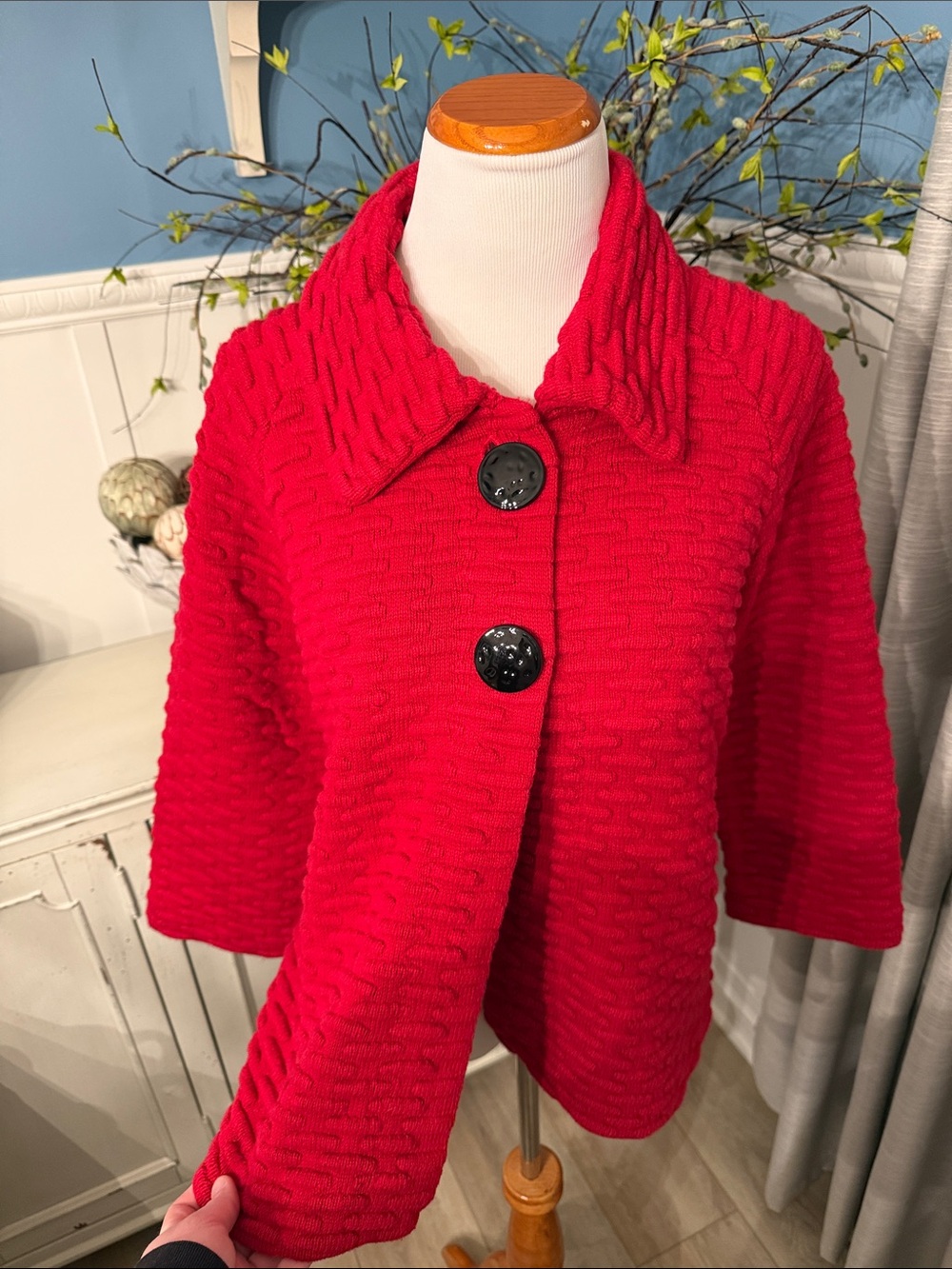 JM Collection Red Textured Button Front Coatigan - Picture 2 of 4